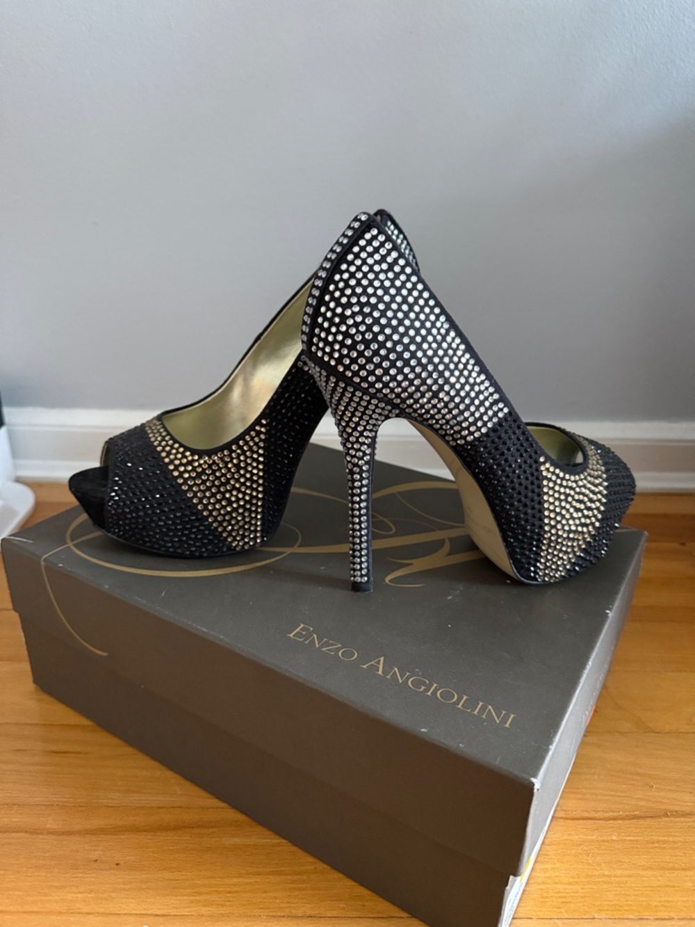Enzo Angiolini Black and Silver Rhinestone Peep-Toe Platform Heels